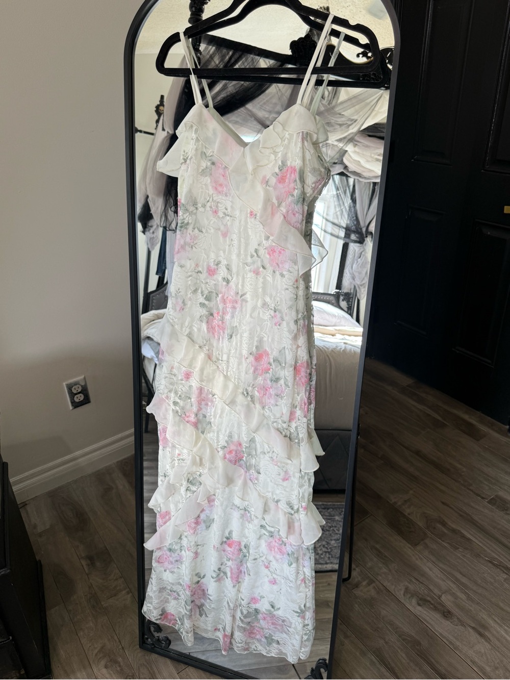 Cider White Floral Ruffle Maxi Dress with Pink Accents